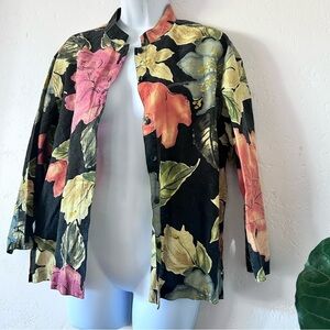 CHICOS DESIGN Vintage Linen Floral Button Down Shirt Jacket Shaket Size 2 / M